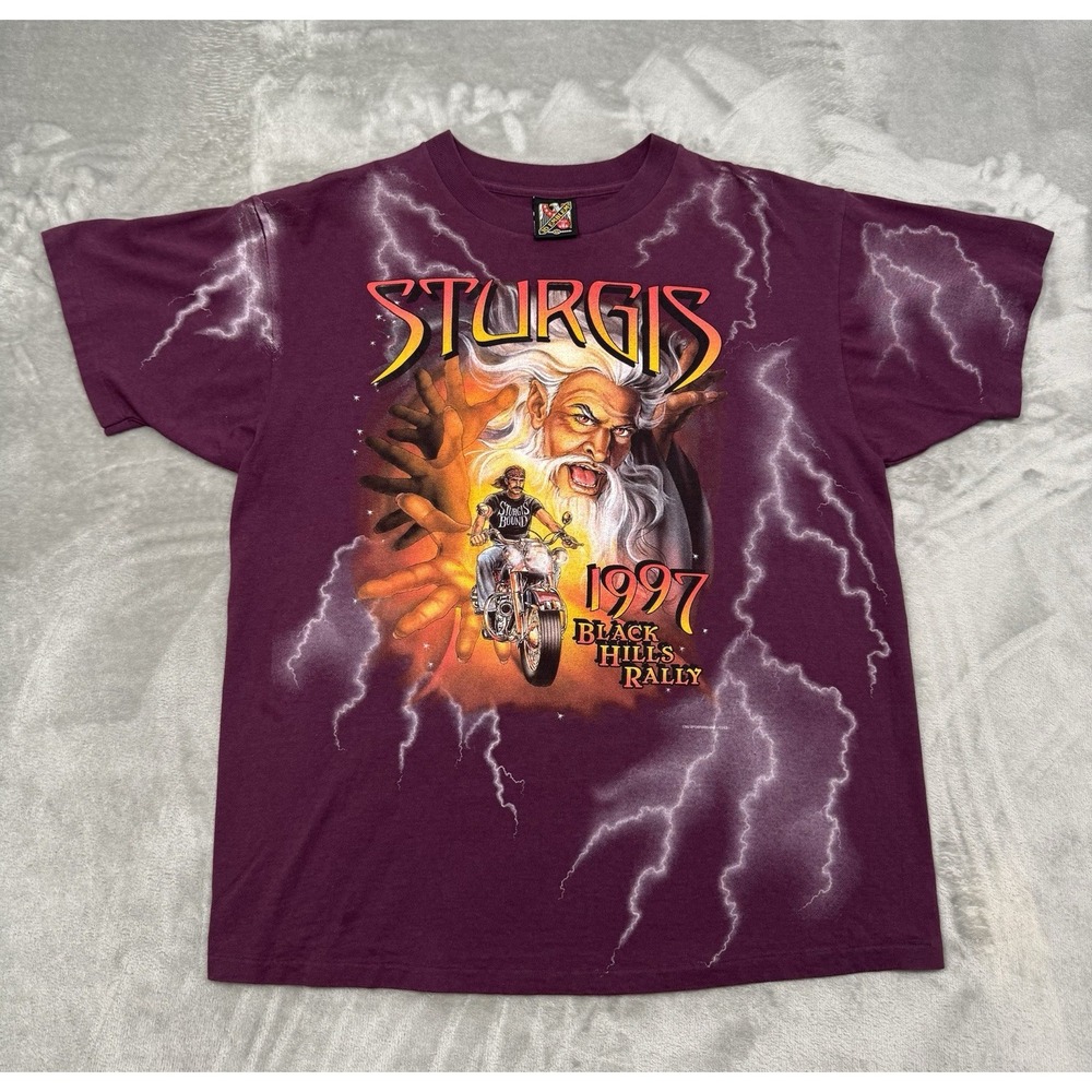Vintage Sturgis T-shirt Mens XL Motorcycle Rally Purple Lightning AOP 90s Y2K